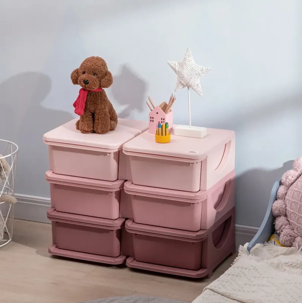 3 Tier Kids Storage Unit, 6 Drawer Chest Toy Organizer Plastic Bins for Kids Bedroom Nursery Kindergarten Living Room for Boys Girls Toddlers, Pink