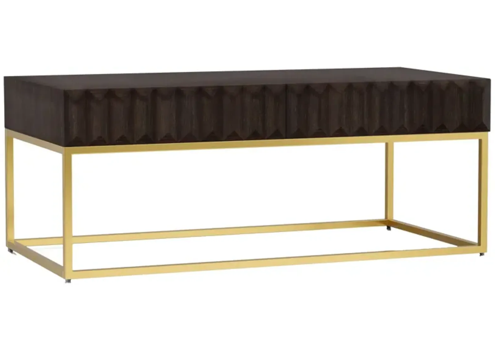 Bran 48 Inch Rectangular Coffee Table, Brown Wood, Gold Base, 2 Drawers-Benzara