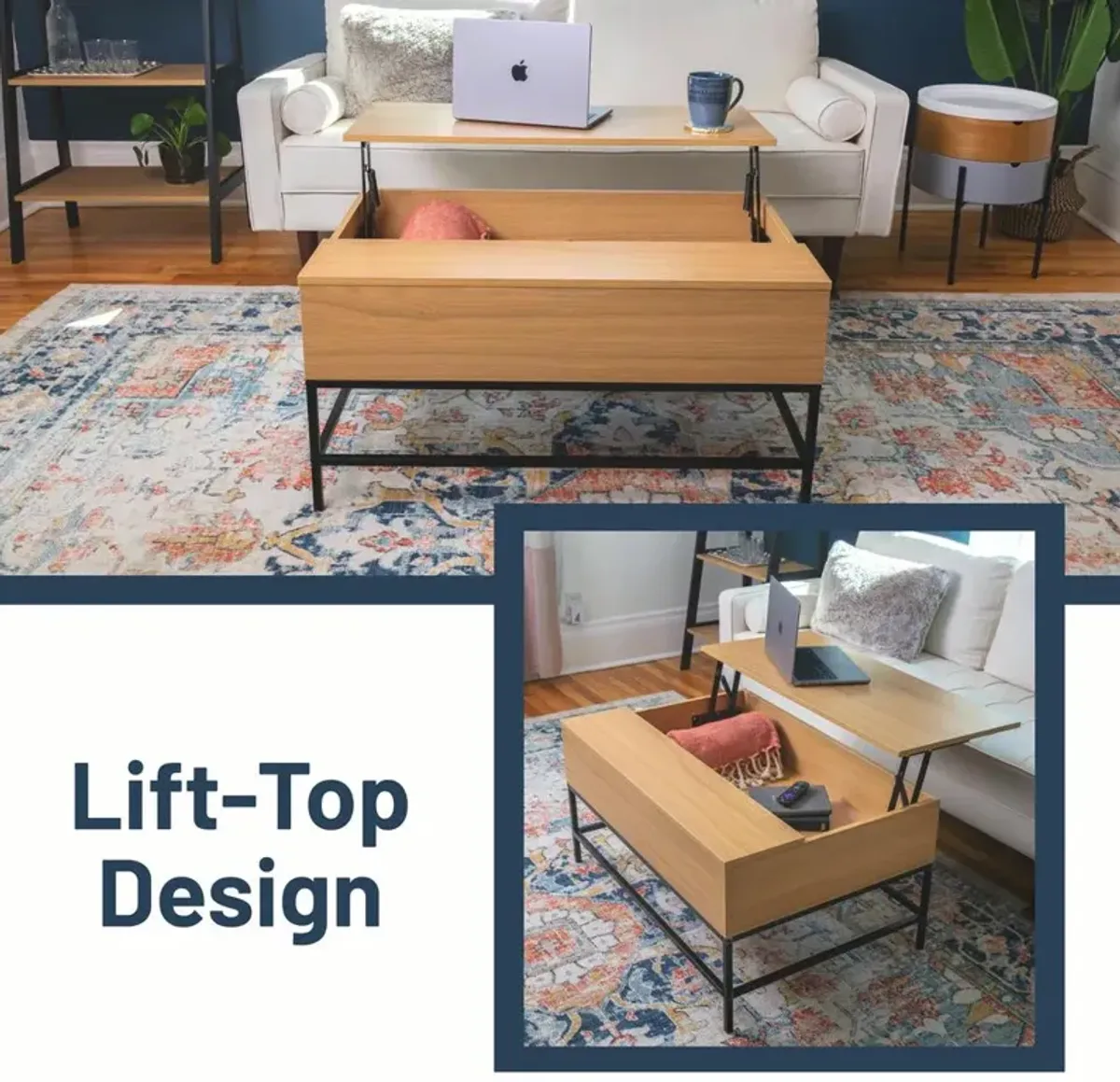 Lift Top Storage Coffee Table With Steel Base