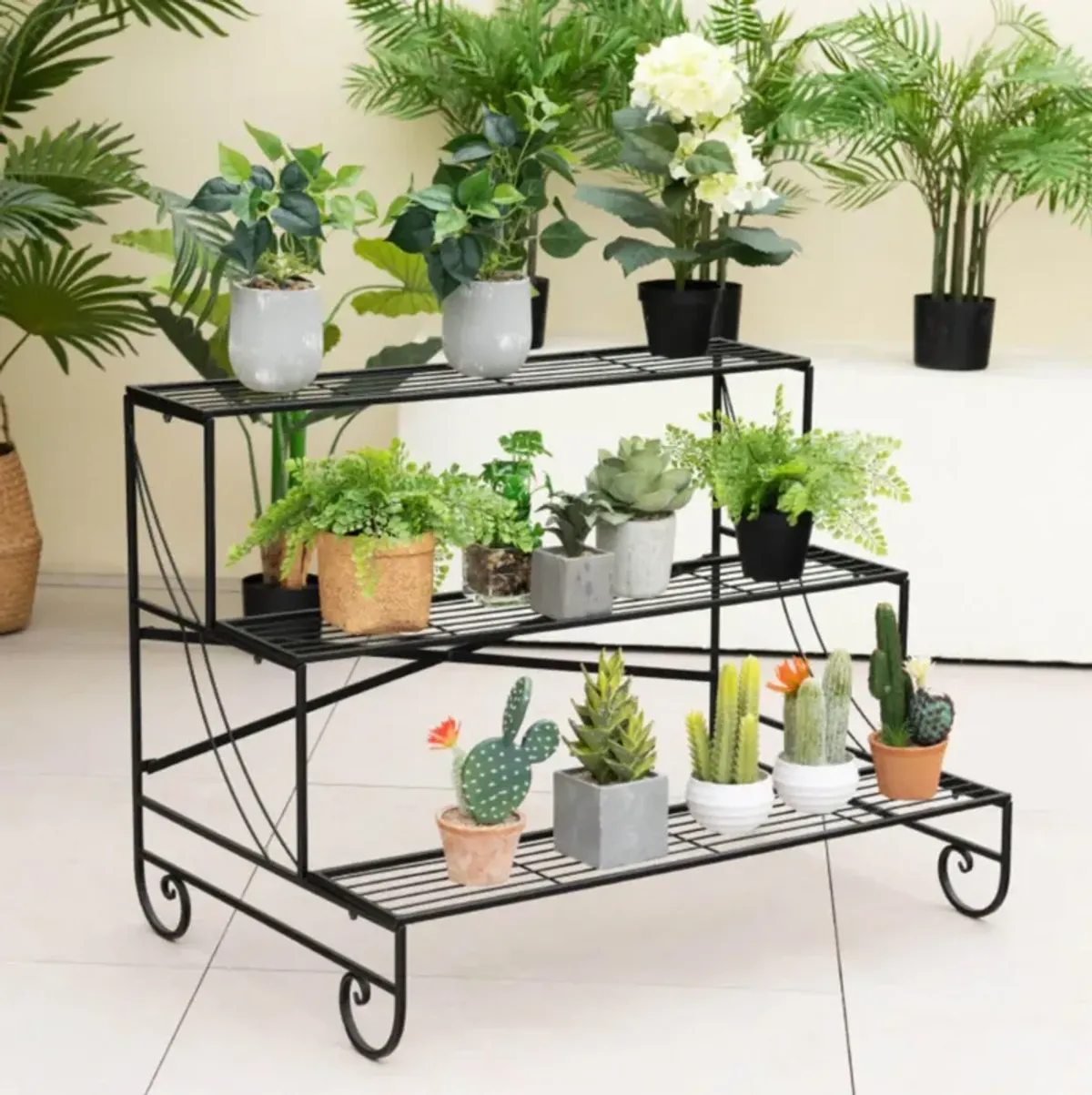 Hivvago 3-Tier Mental Plant Stand with Grid Shelf