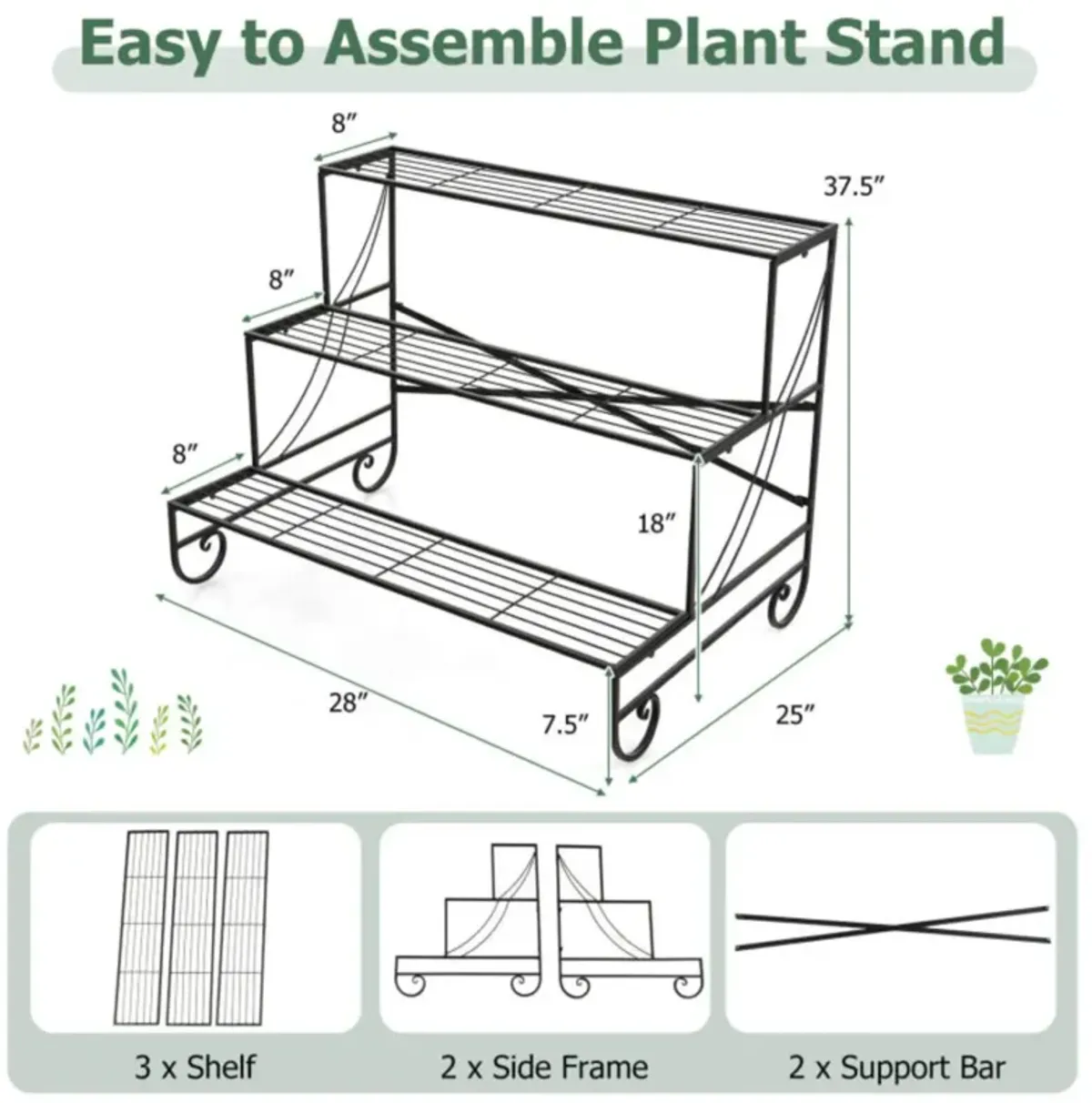 Hivvago 3-Tier Mental Plant Stand with Grid Shelf