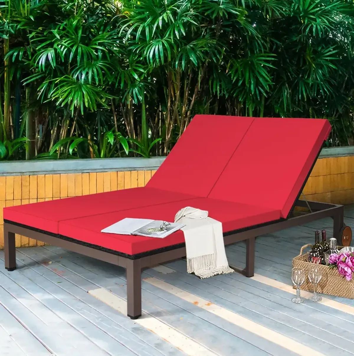 2-Person Patio Rattan Lounge Chair with Adjustable Backrest and Cushions