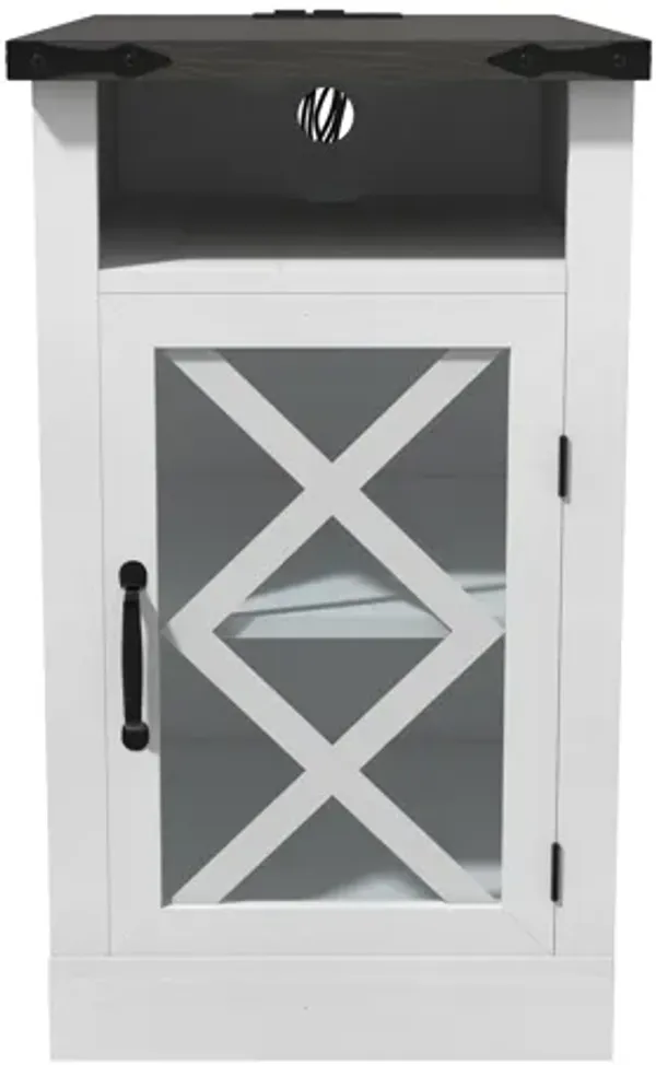 Farmhouse End Table with Charging Station, 15.4'' Rustic Nightstand with Barn Door & Adjustable Shelf, Wooden Sofa Side Table with 3-Tier Storage for Living Room, Bedroom, White