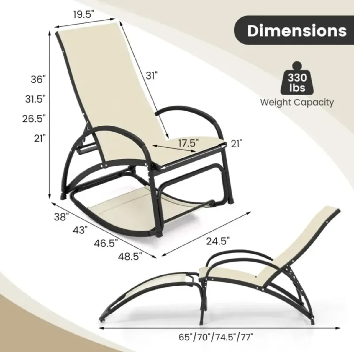 Hivvago 2-in-1 Outdoor Rocking Chair with 4-Position Adjustable Backrest for Patio Porch Poolside