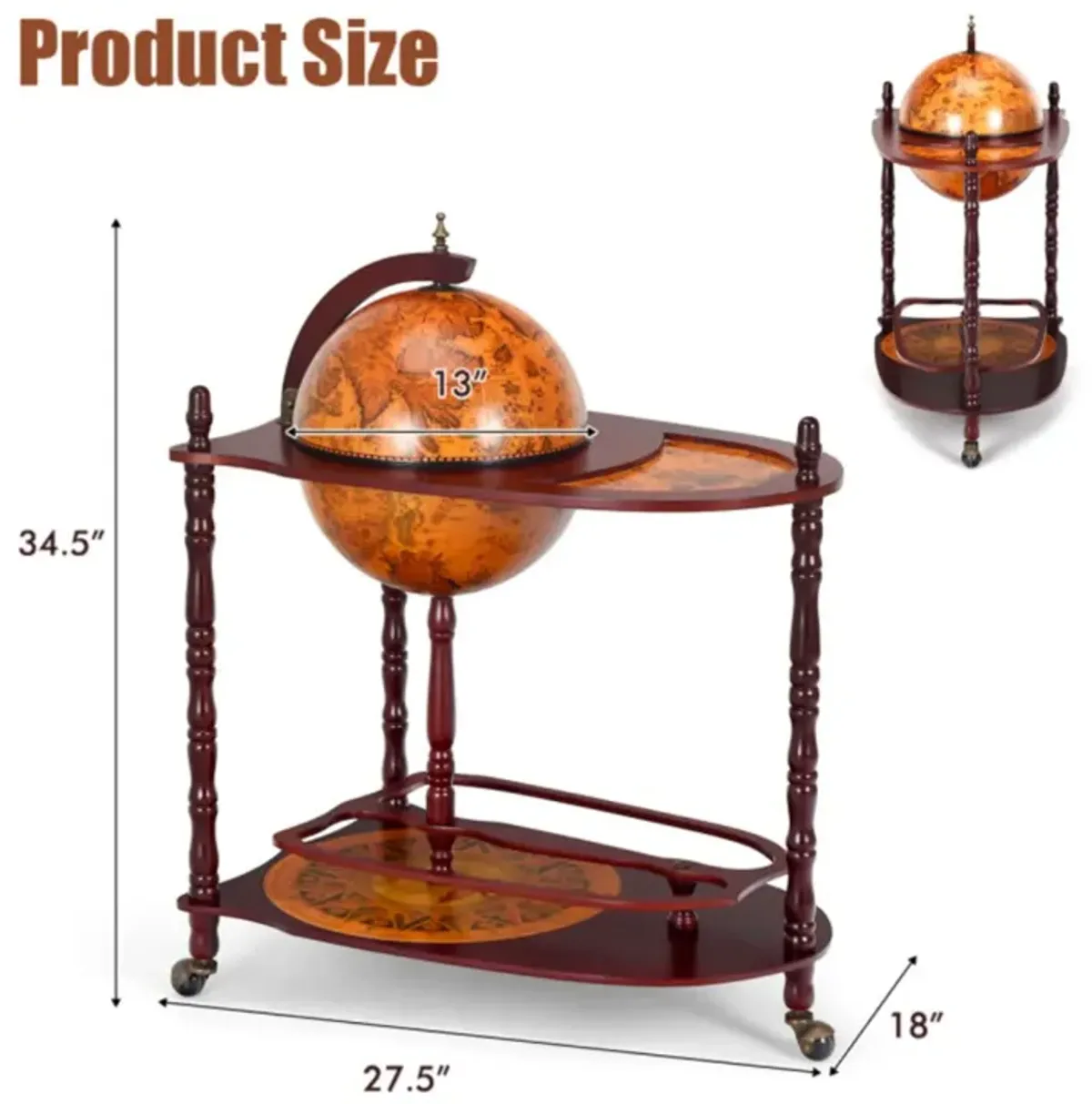 Hivvago Vintage Globe Rolling Wine Bar Cart with Extra Shelf