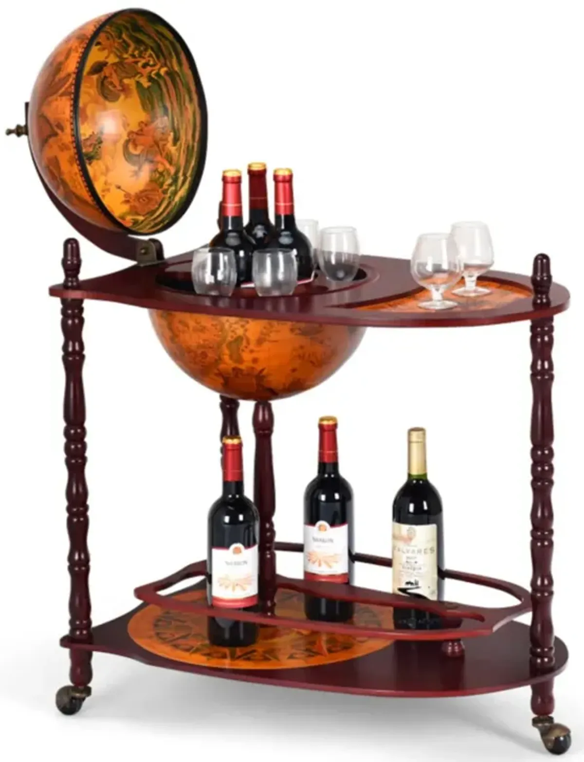 Hivvago Vintage Globe Rolling Wine Bar Cart with Extra Shelf