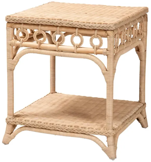 bali & pari Oxford Braided Natural Rattan End Table with Shelf – Square Boho Accent Table with Decorative Loop Detailing, Coastal Style for Living Room or Bedroom