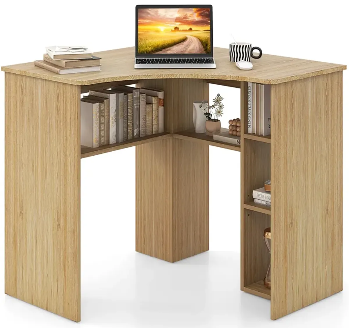 Corner Computer Desk with Triangle Shape, Adjustable Shelf, and Arc-Shaped Profile for Home Office