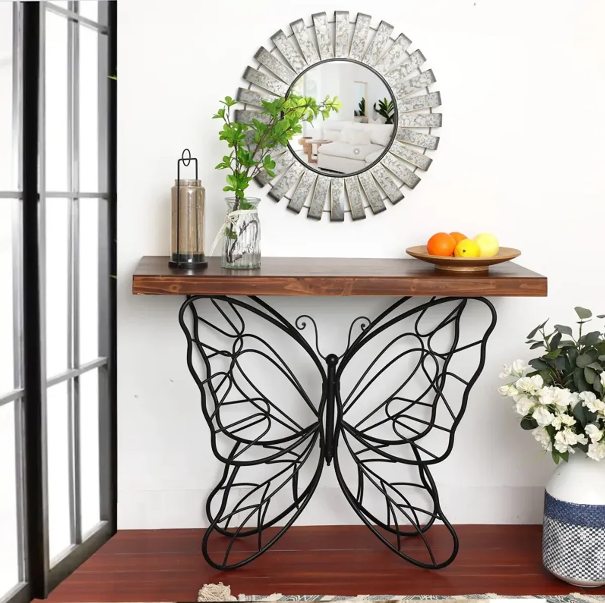 LuxenHome Wood Top Metal Butterfly Accent Console and Entry Table