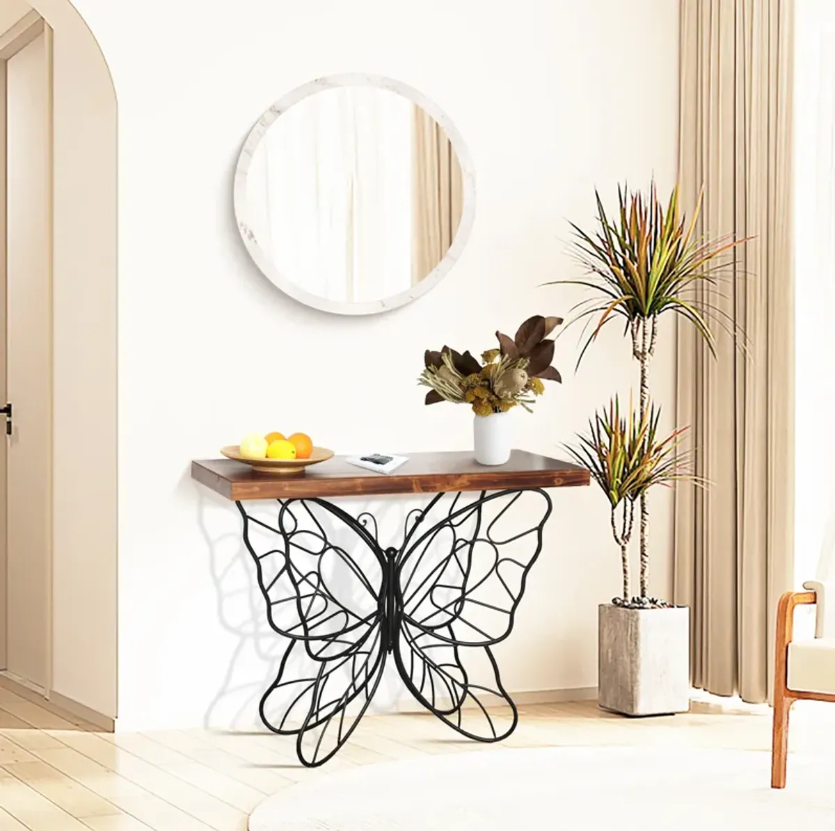 LuxenHome Wood Top Metal Butterfly Accent Console and Entry Table