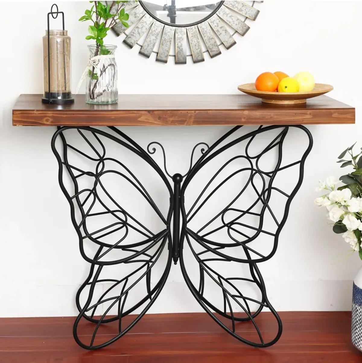 LuxenHome Wood Top Metal Butterfly Accent Console and Entry Table