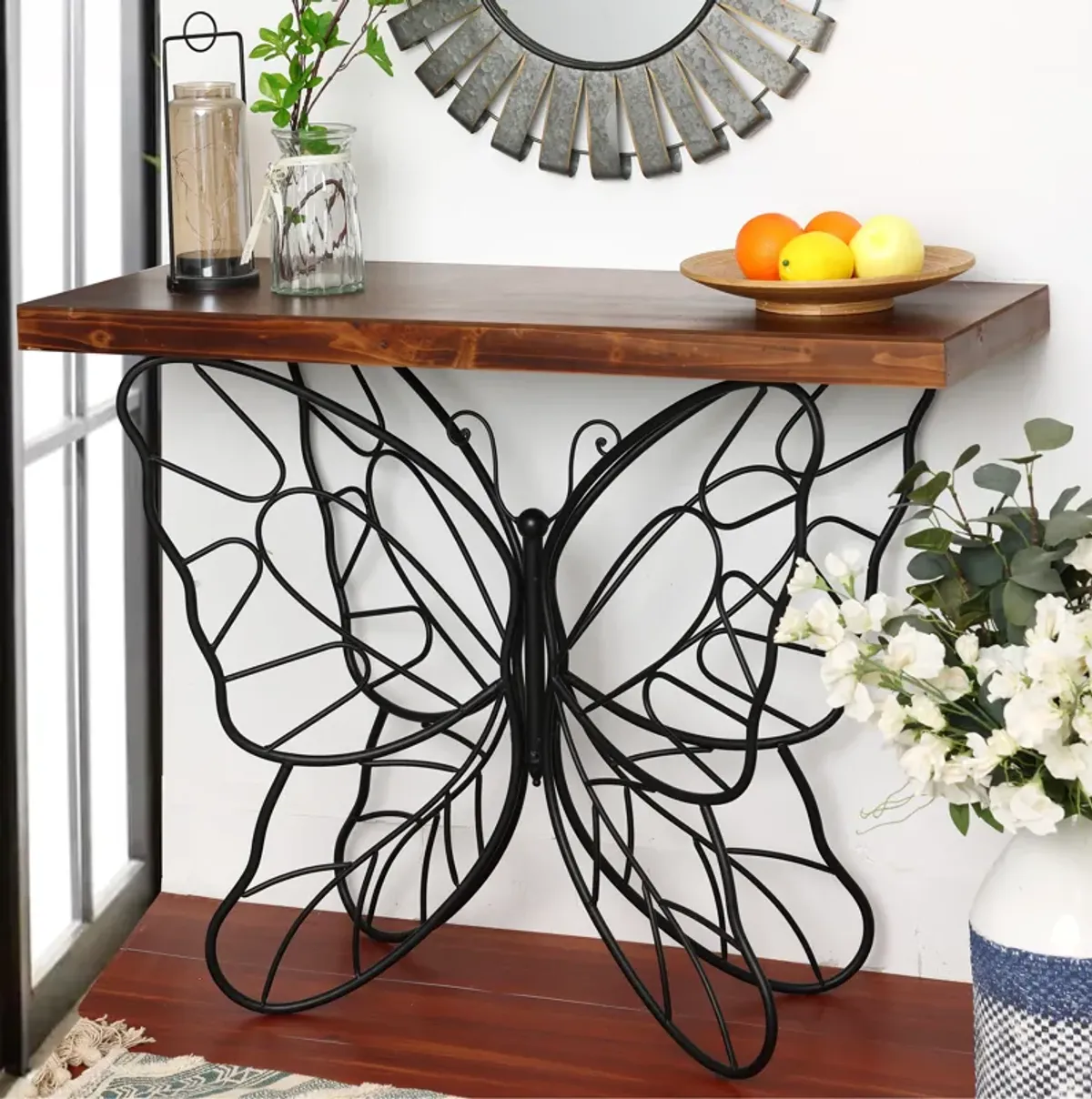 LuxenHome Wood Top Metal Butterfly Accent Console and Entry Table