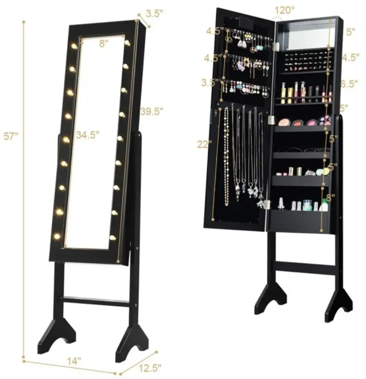 Hivvago Mirrored Jewelry Cabinet Armoire Organizer w/ LED lights