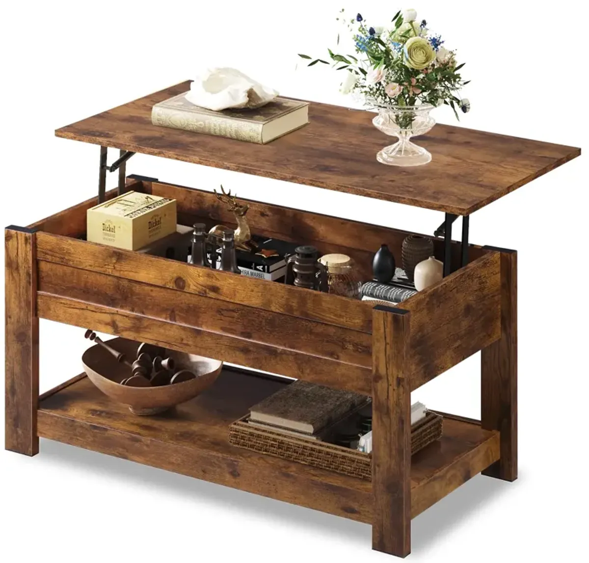 WLIVE Modern Lift Top Coffee Table,Rustic Coffee Table with Storage Shelf and Hidden Compartment,Wood Lift Tabletop for Home Liv