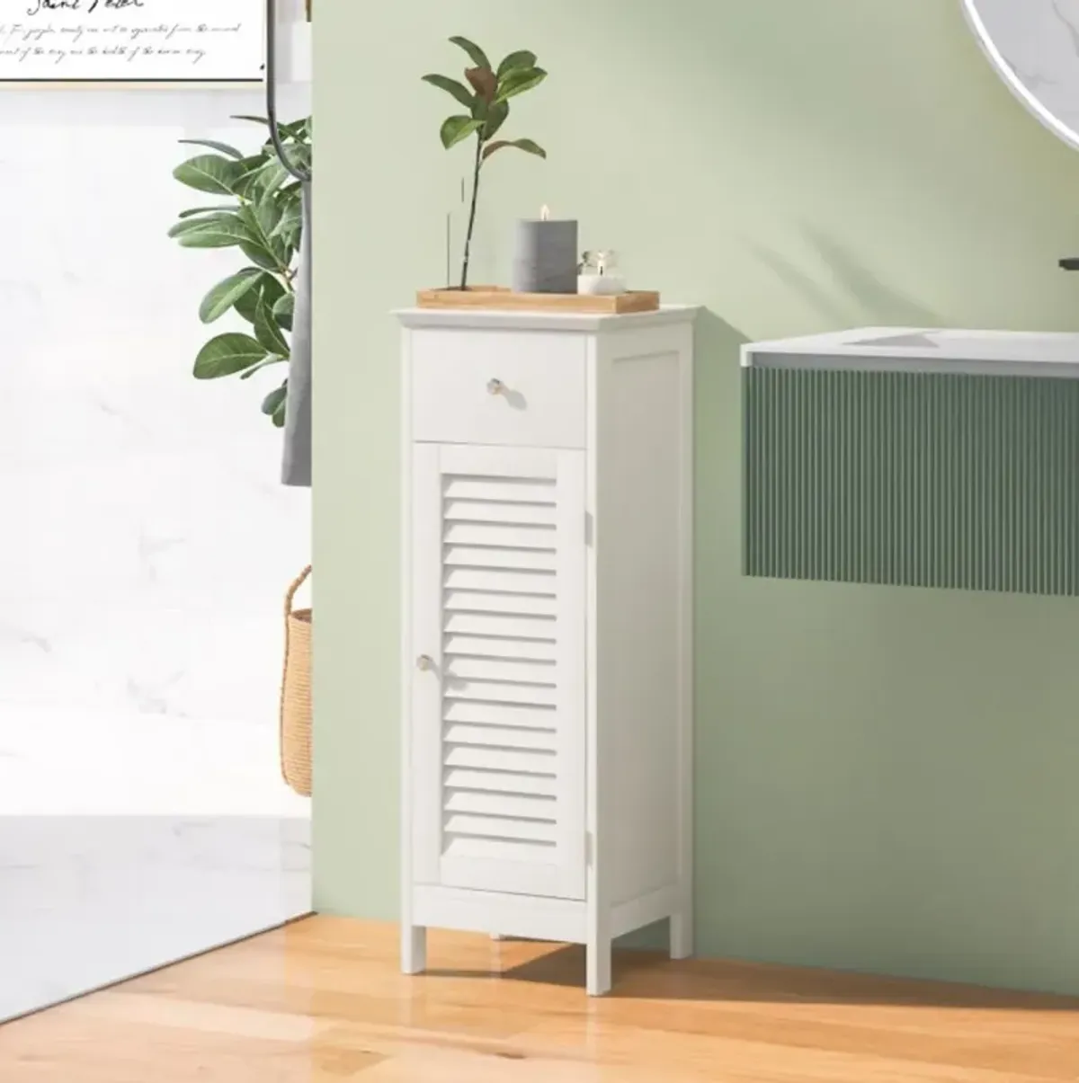 Hivvago Woodern Bathroom Floor Storage Cabinet with Drawer and Shutter Door-White