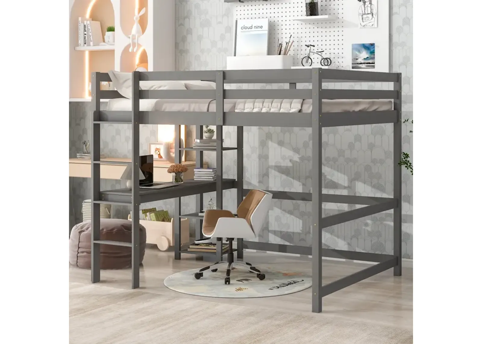 Full Loft Bed With Desk And Shelves