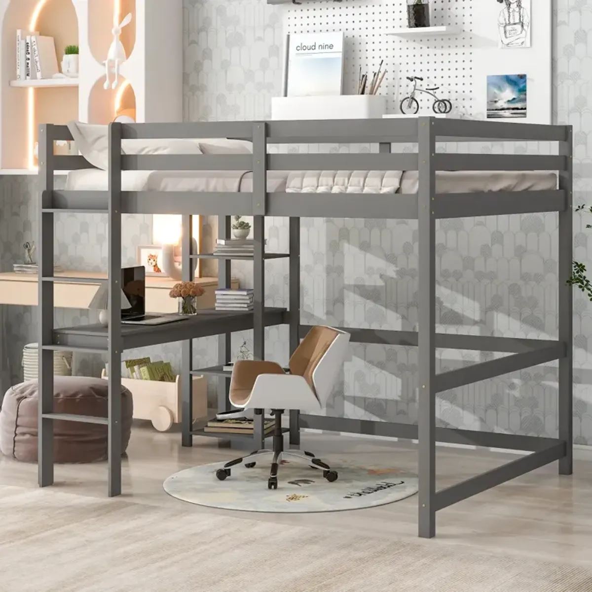 Full Loft Bed With Desk And Shelves