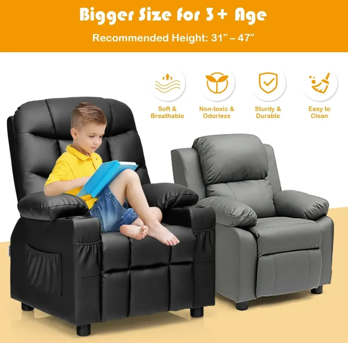 Kids Recliner Chair with Cup Holder and Footrest for Children