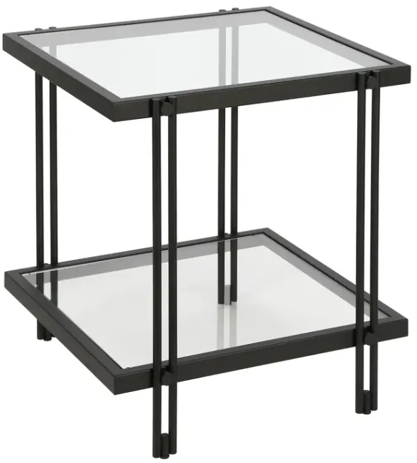 Square Glass and Steel End Table with Shelf, Modern Accent Table for Living Room