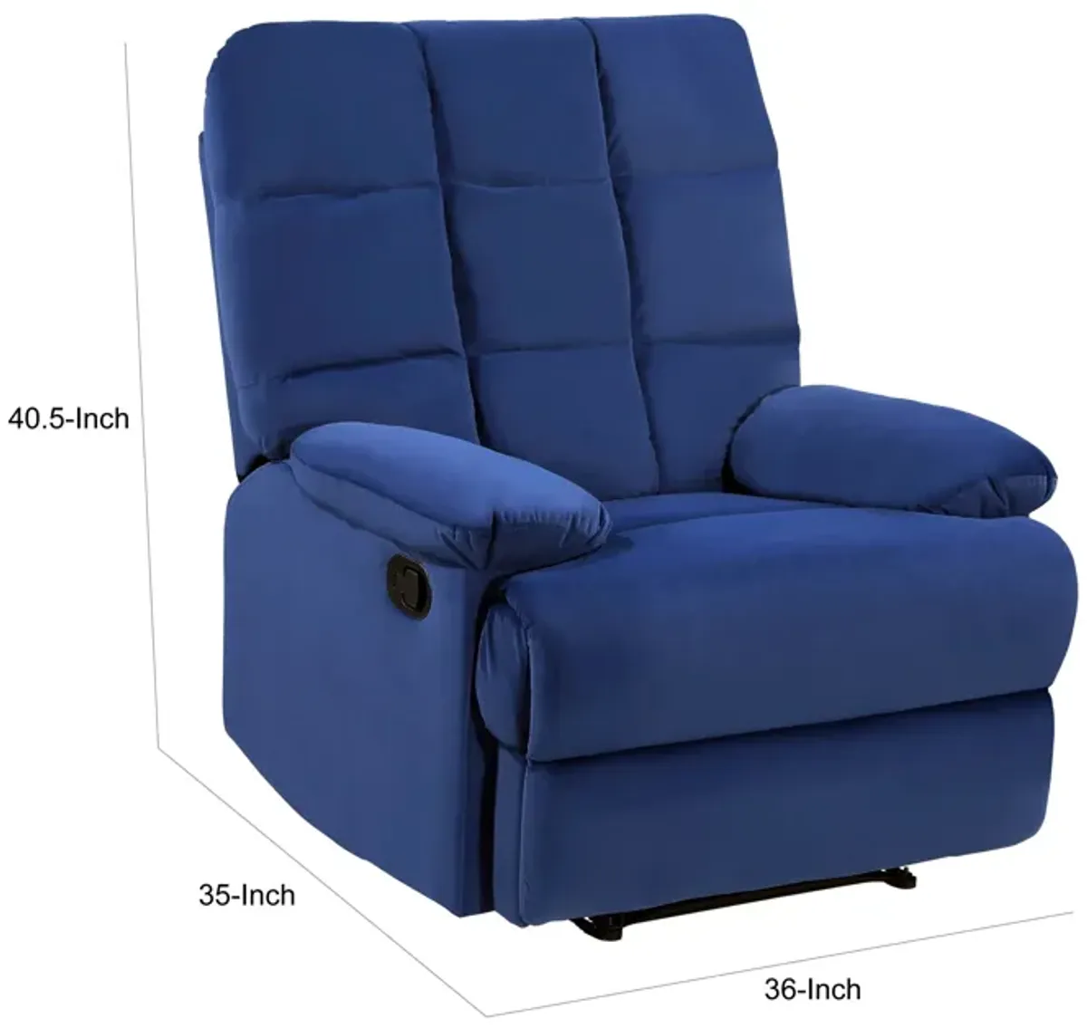 Patty 36 Inch Manual Recliner Chair, Cushioned, Blue Velvet, Solid Wood - Benzara