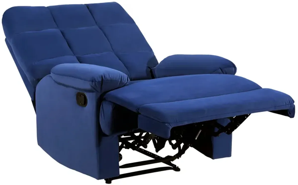 Patty 36 Inch Manual Recliner Chair, Cushioned, Blue Velvet, Solid Wood - Benzara