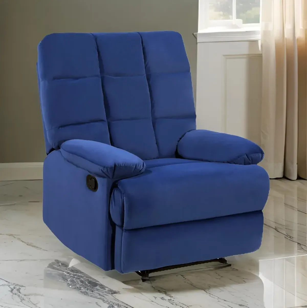 Patty 36 Inch Manual Recliner Chair, Cushioned, Blue Velvet, Solid Wood - Benzara