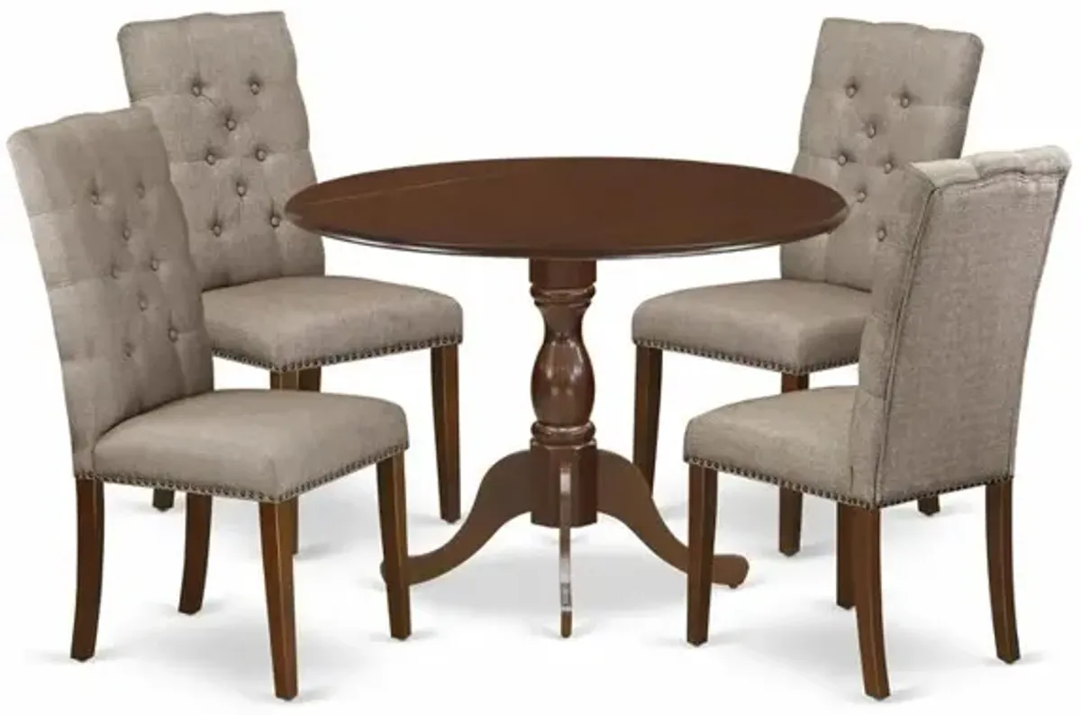 East West Furniture DMEL5-MAH-16 5 Piece Dining Set Includes 1 Drop Leaves Wooden Table and 4 Dark Khaki Linen Fabric Parsons Chair Button Tufted Back with Nail Heads - Mahogany Finish
