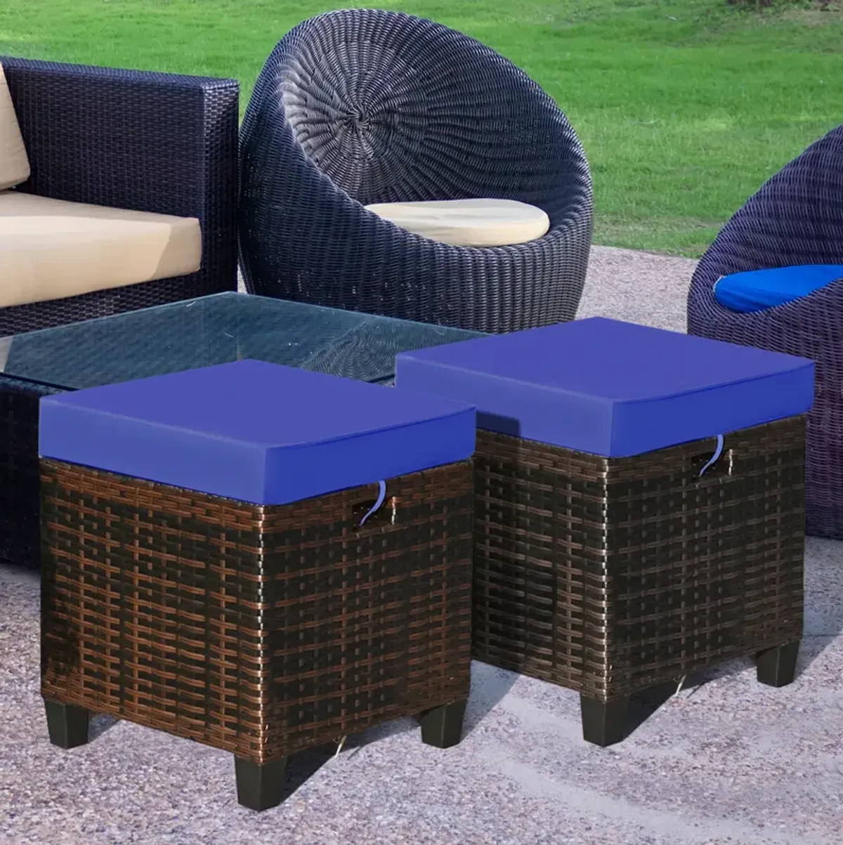 2 Pieces Patio Rattan Ottoman Set with Removable Cushions