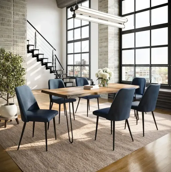 Seven Piece Solid Acacia Dining Set with Upholstered Mid-Century Modern Chairs