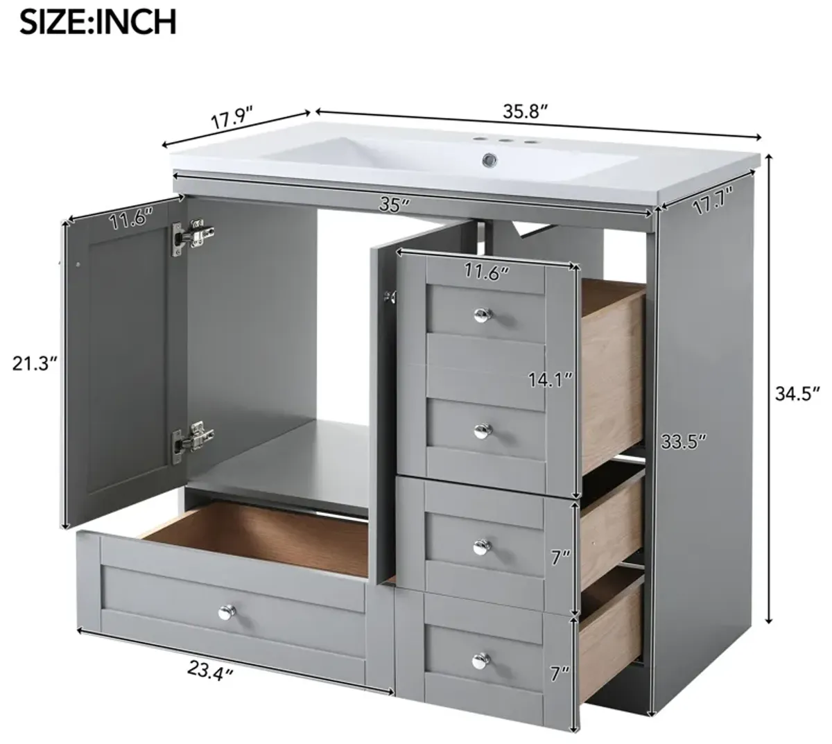 Gewnee 36 inch Shaker Style Free-Standing Bathroom Vanity Cabinet with Sink, 4 Soft-close Drawers and 2 Soft-close doors