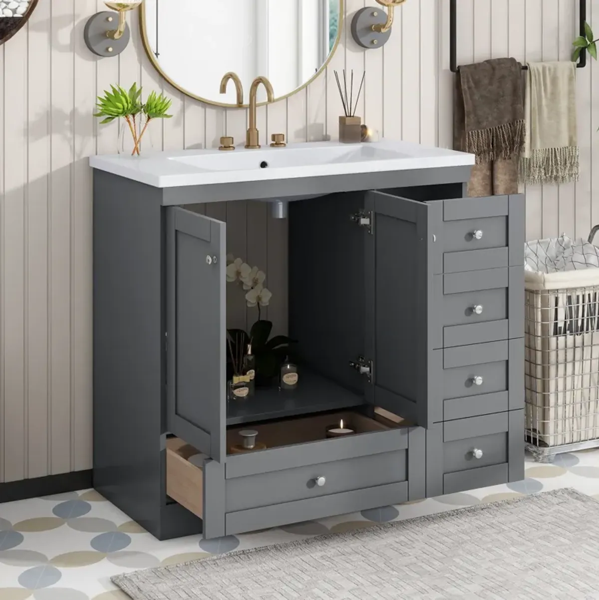 Gewnee 36 inch Shaker Style Free-Standing Bathroom Vanity Cabinet with Sink, 4 Soft-close Drawers and 2 Soft-close doors