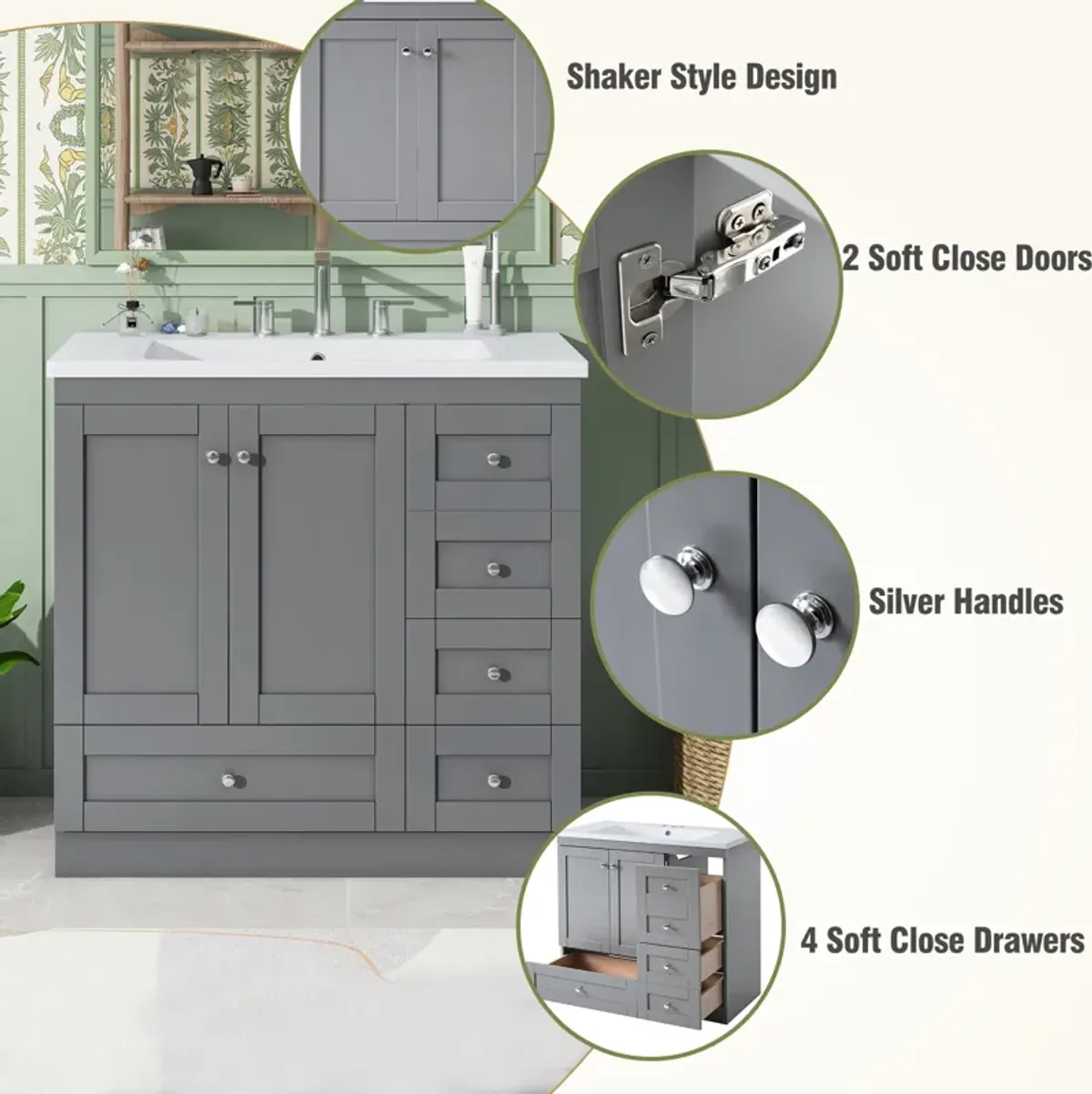 Gewnee 36 inch Shaker Style Free-Standing Bathroom Vanity Cabinet with Sink, 4 Soft-close Drawers and 2 Soft-close doors