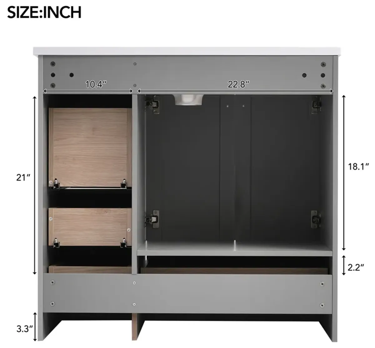 Gewnee 36 inch Shaker Style Free-Standing Bathroom Vanity Cabinet with Sink, 4 Soft-close Drawers and 2 Soft-close doors