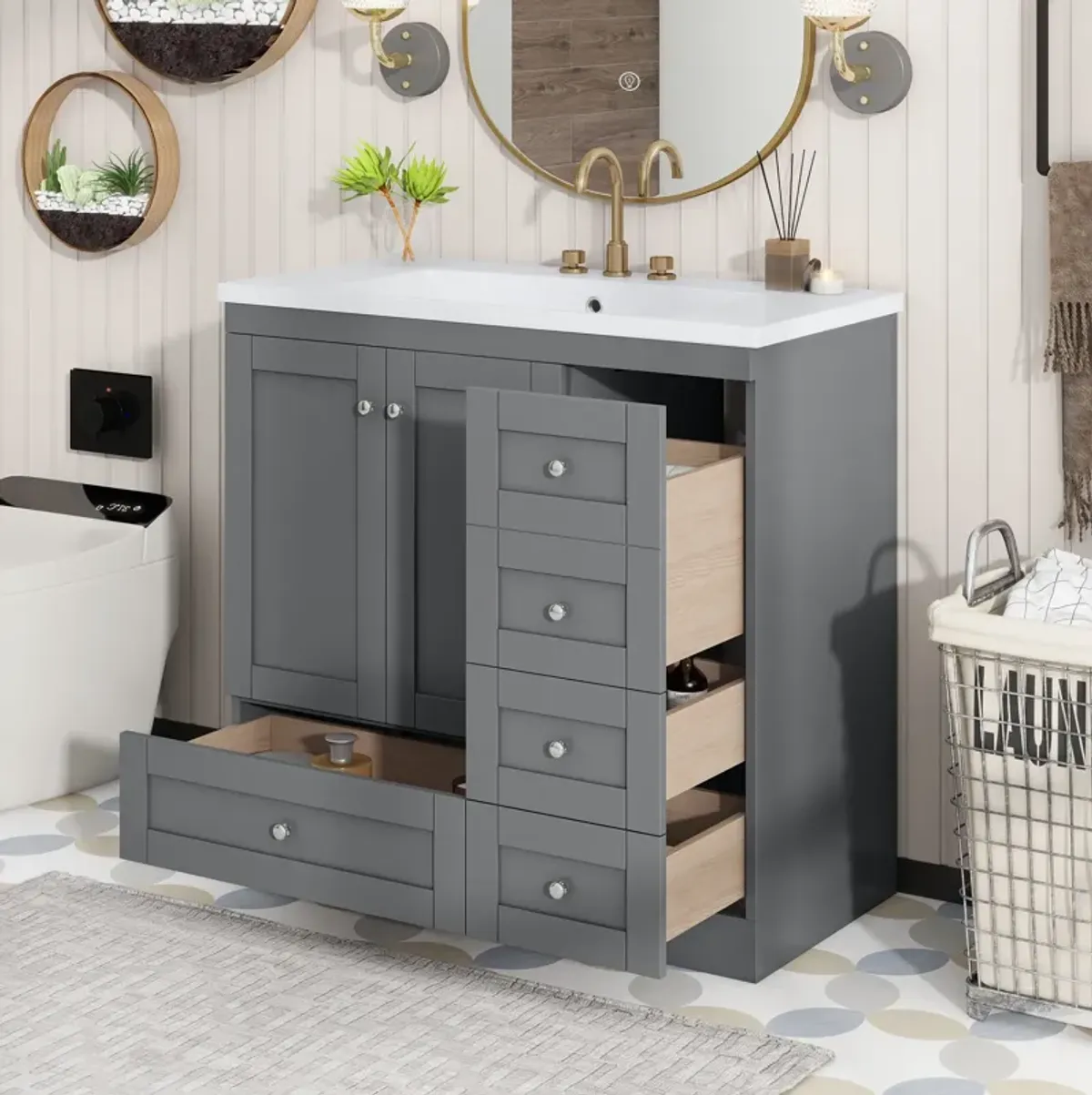 Gewnee 36 inch Shaker Style Free-Standing Bathroom Vanity Cabinet with Sink, 4 Soft-close Drawers and 2 Soft-close doors