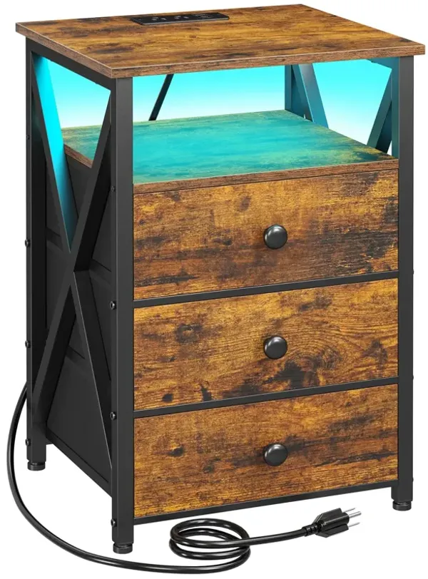 AMHANCIBLE LED Nightstand with Charging Station, Smart End Side Table with USB Port & Power Outlet, Bedside Table with Fabric Dr