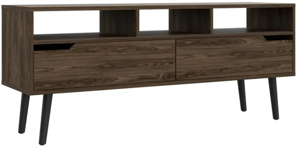 Oslo Tv Stand for TV�s up 51", Two  Drawers, Four Legs, Three Open Shelves -Dark Walnut
