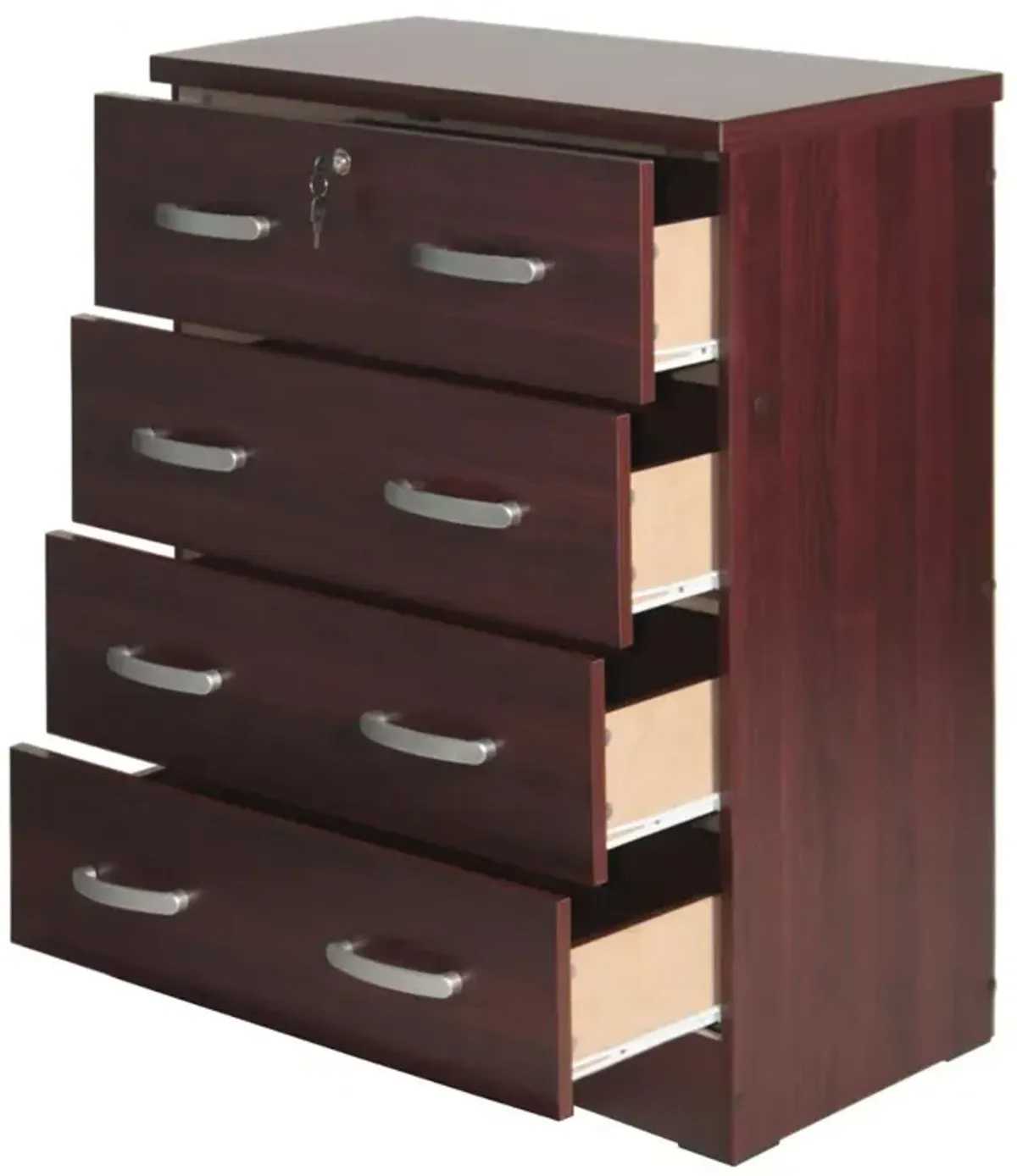 Better Home Products Cindy 4 Drawer Chest Wooden Dresser with Lock in Mahogany