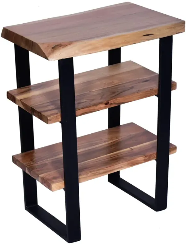 20 Inches Industrial End Side Table with Artisinal Live Edge Wood, Metal Legs, Brown, Black-Benzara