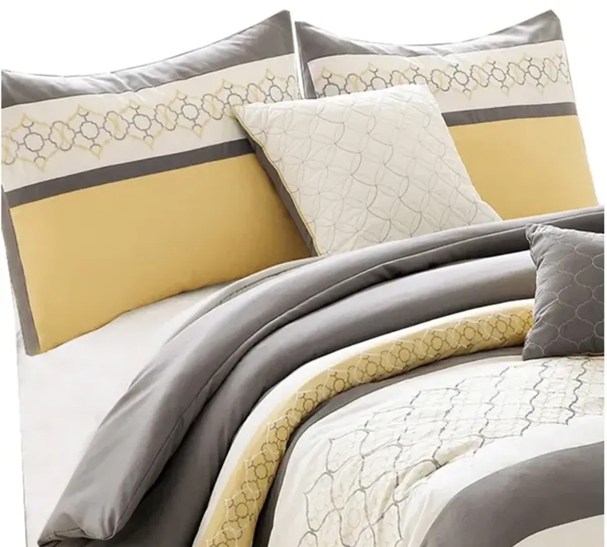 Quatrefoil Print King Size 7 Piece Fabric Comforter Set, Yellow and Gray - Benzara