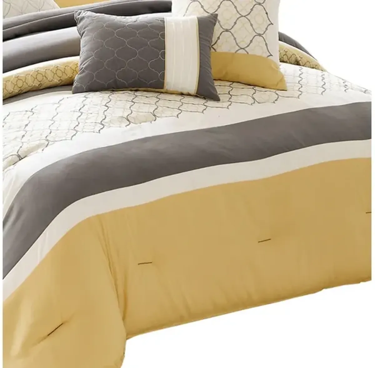 Quatrefoil Print King Size 7 Piece Fabric Comforter Set, Yellow and Gray - Benzara