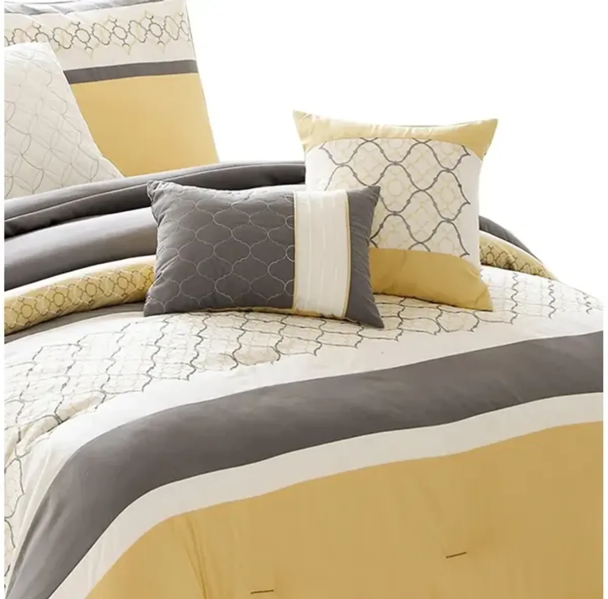 Quatrefoil Print King Size 7 Piece Fabric Comforter Set, Yellow and Gray - Benzara