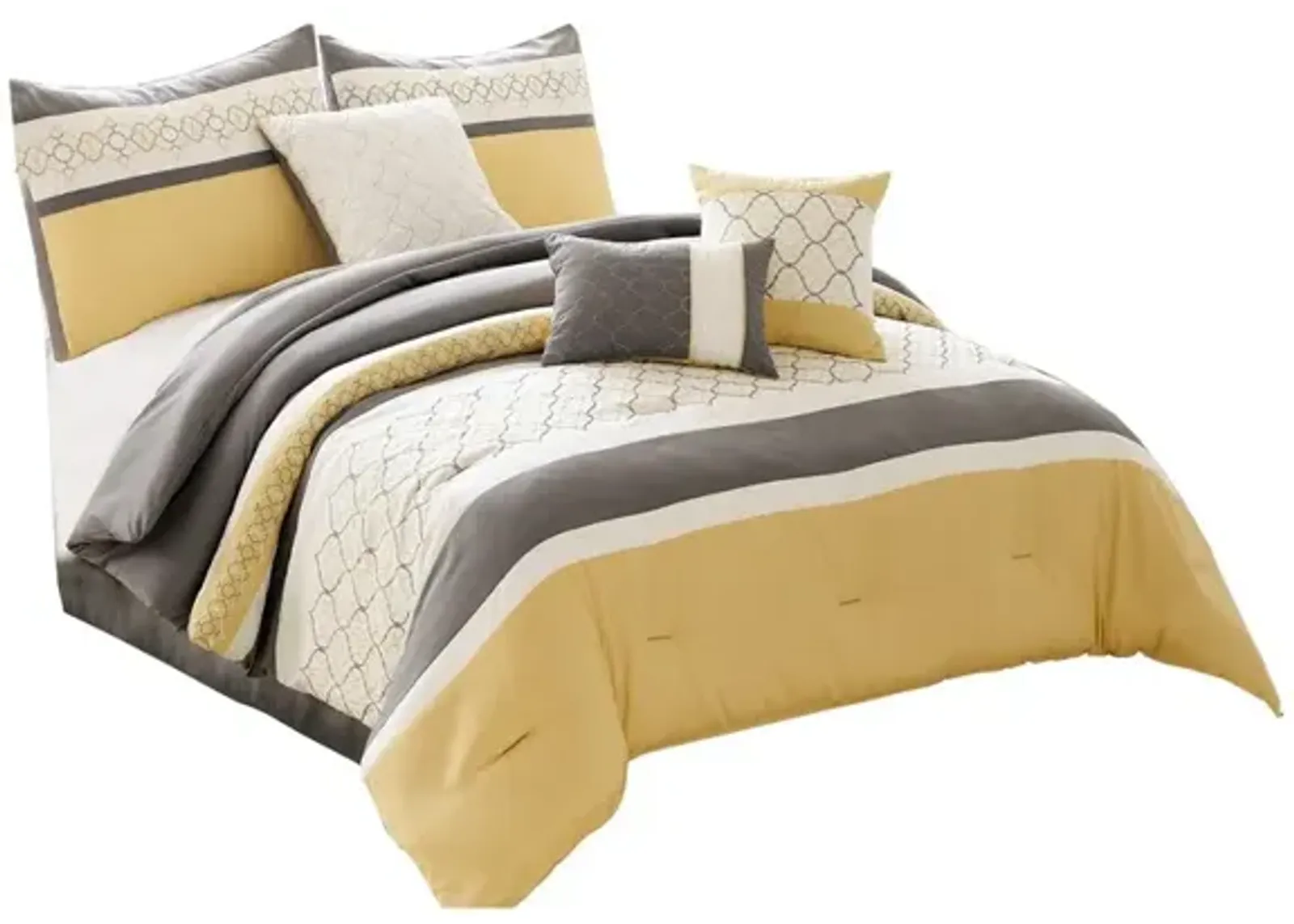 Quatrefoil Print King Size 7 Piece Fabric Comforter Set, Yellow and Gray - Benzara