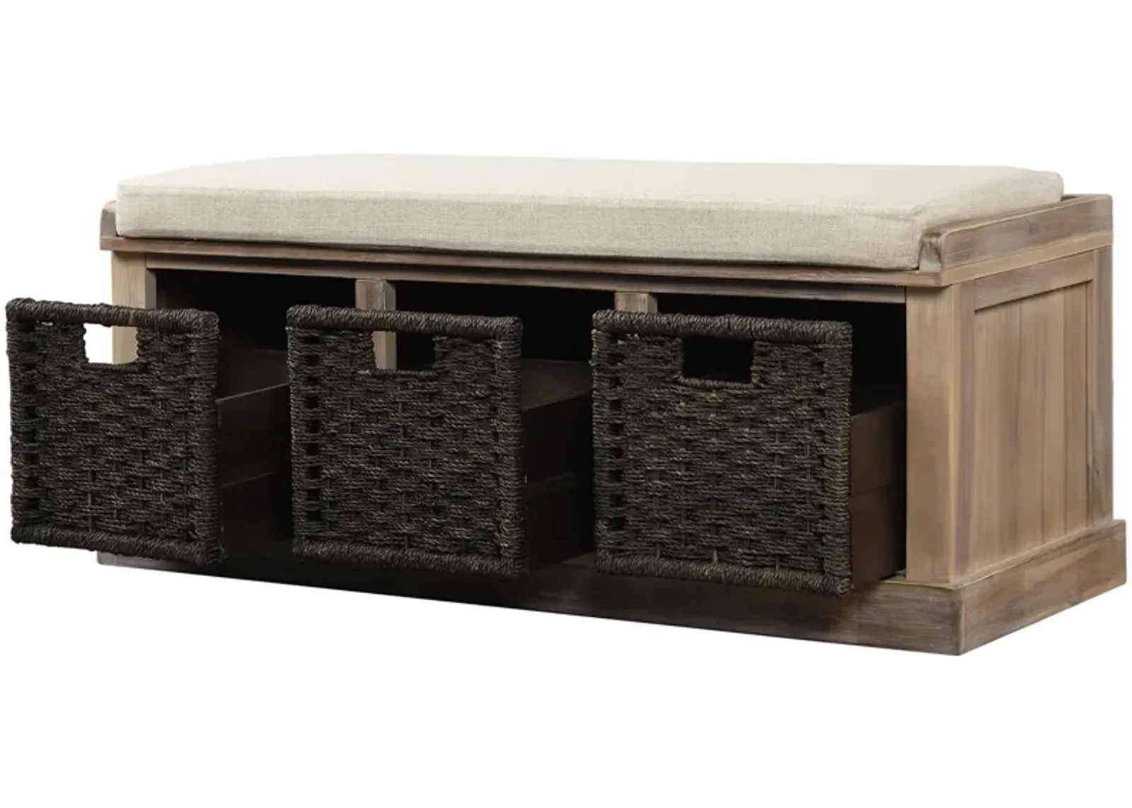 Rustic Storage Bench With 3 Removable Classic Rattan Basket, Entryway Bench