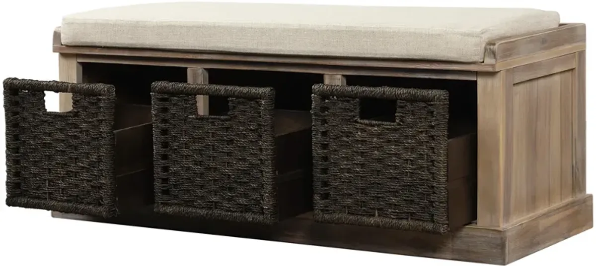 Rustic Storage Bench With 3 Removable Classic Rattan Basket, Entryway Bench