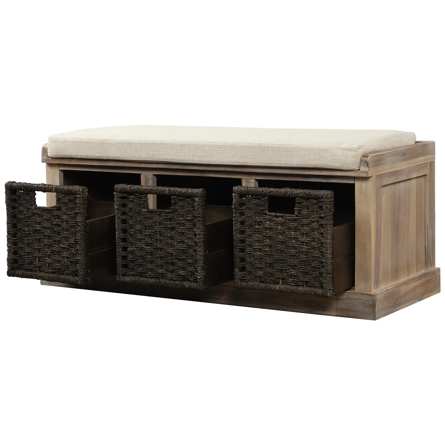 Rustic Storage Bench with 3 Removable Classic Rattan Basket, Entryway Bench with Removable Cushion (Navy)