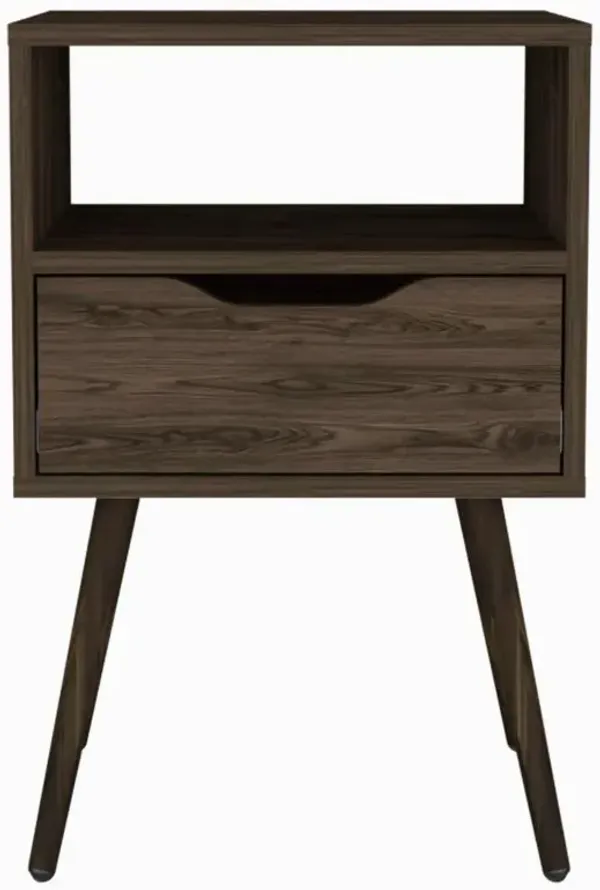 DEPOT E-SHOP Emma Nightstand, Countertop, Four Legs, One Open Shelf, One Drawer-Dark Walnut, For Bedroom