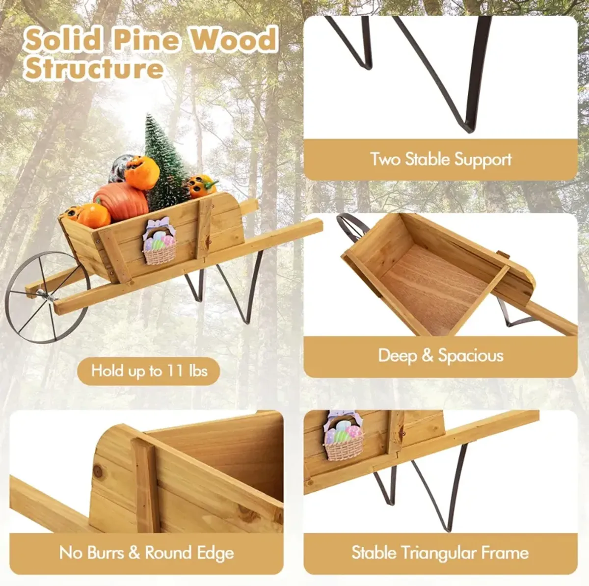 Wooden Wagon Planter with 9 Magnetic Accessories for Garden Yard