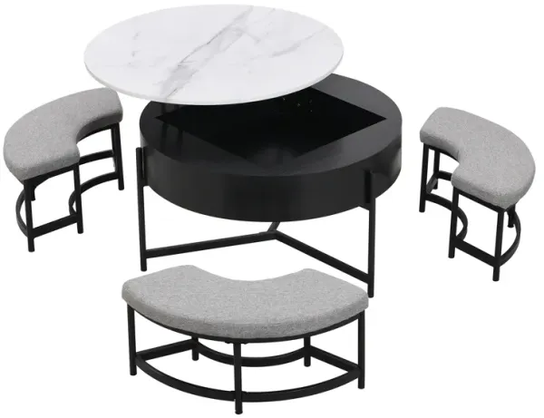 Merax Modern Round Lift-Top Coffee Table with Storage & 3 Ottomans - Multifunctional Cocktail Ottoman Set for Living Room