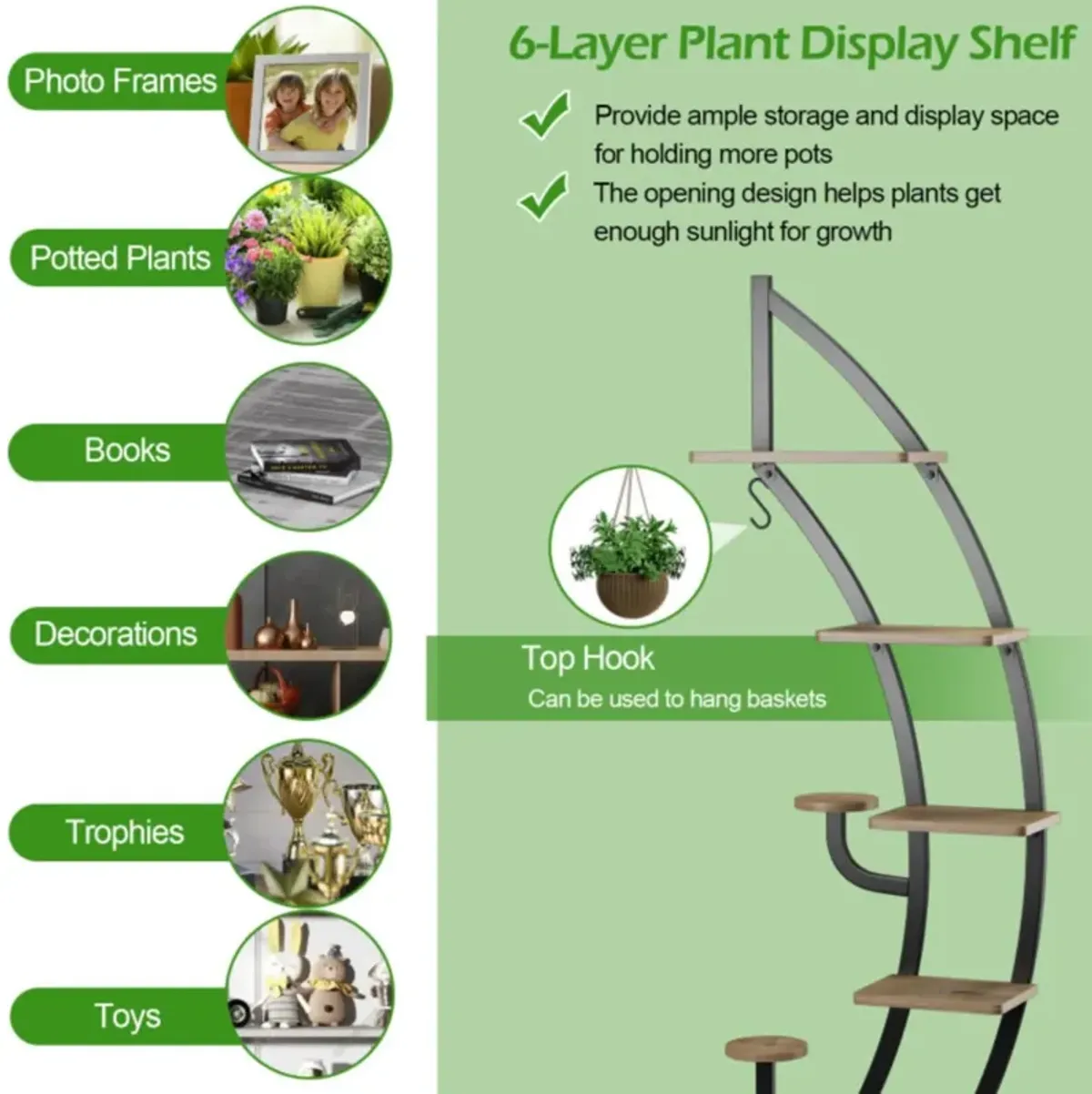 Hivvago 6-Tier 9 Potted Metal Plant Stand Holder Display Shelf with Hook