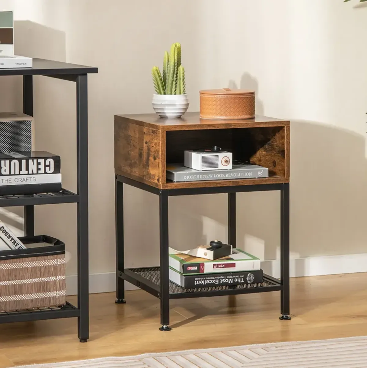 Industrial Nightstand End Side Table with Mesh Shelf